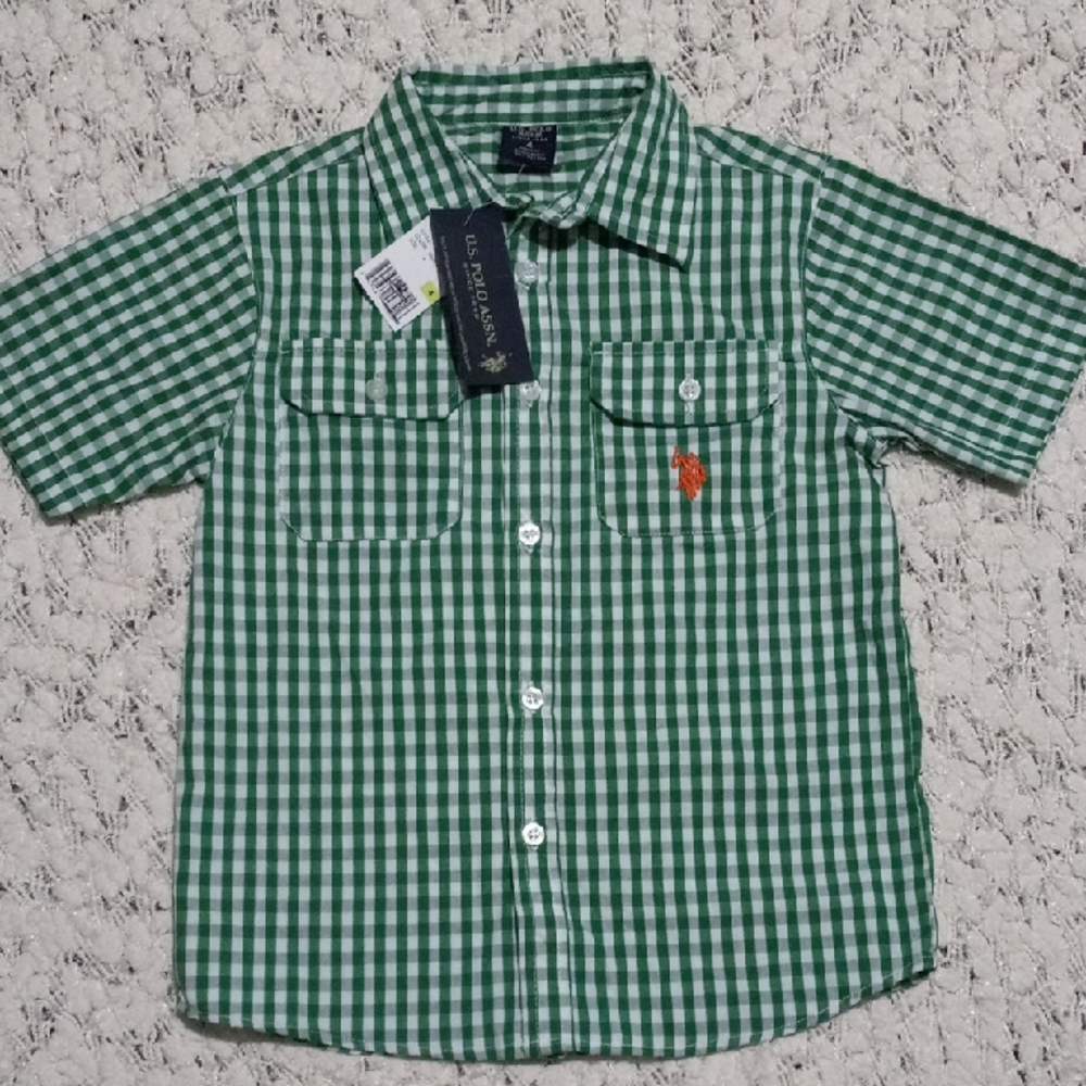 U.S. Polo Assn. Green Checkered Button Down Boys Shirt Size 4 NWT